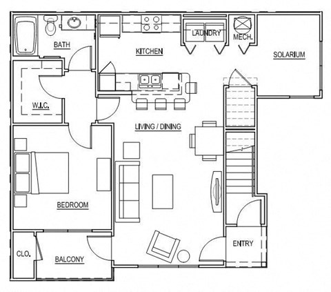 Floor plan for 1 bed, 1 bath, 1032 sqft